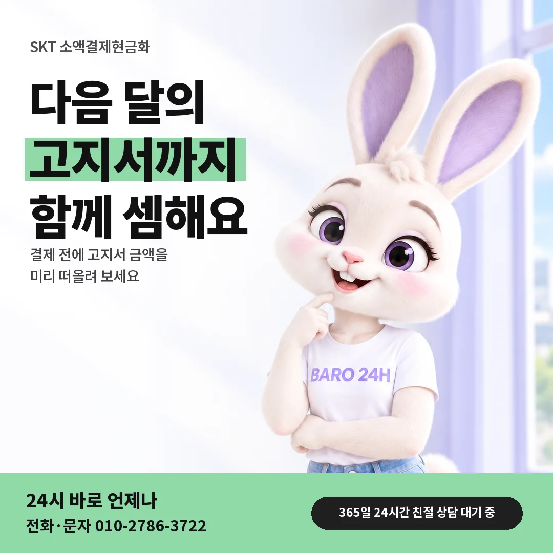 BARO 24H 티셔츠를 입은 3D 토끼 캐릭터 옆에 「SKT 결제 뒤 다음 달 요금」 제목을 얹은 안내 카드