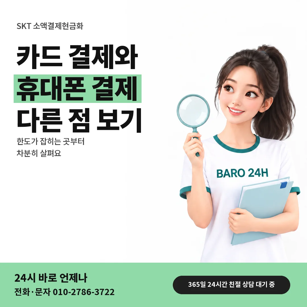 BARO 24H 티셔츠를 입은 3D 인물 옆에 「SKT 카드깡과 다른 점」 제목을 얹은 안내 카드