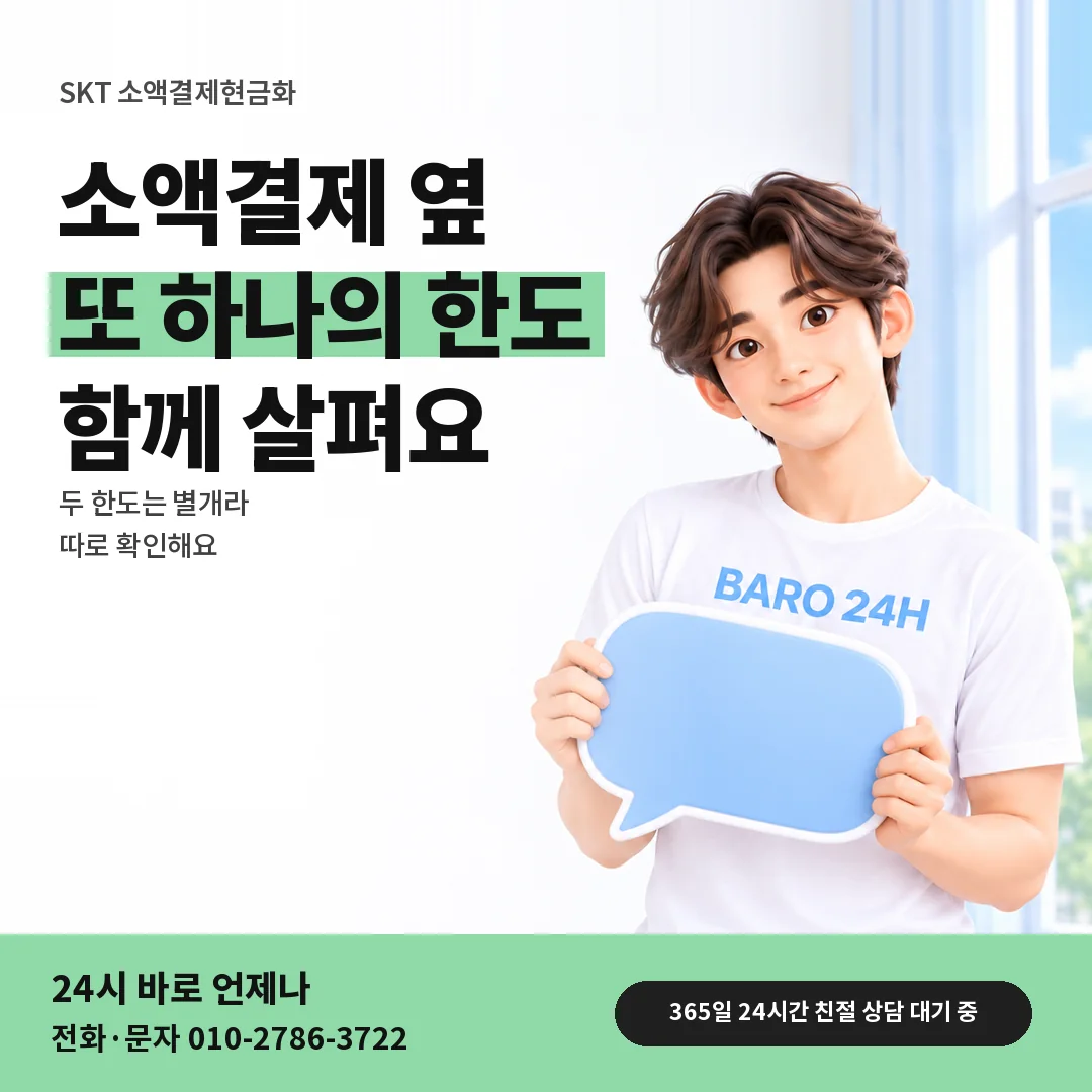 말풍선을 든 BARO 24H 티셔츠를 입은 3D 인물 옆에 「SKT 정보이용료 한도 함께 보기」 제목을 얹은 안내 카드