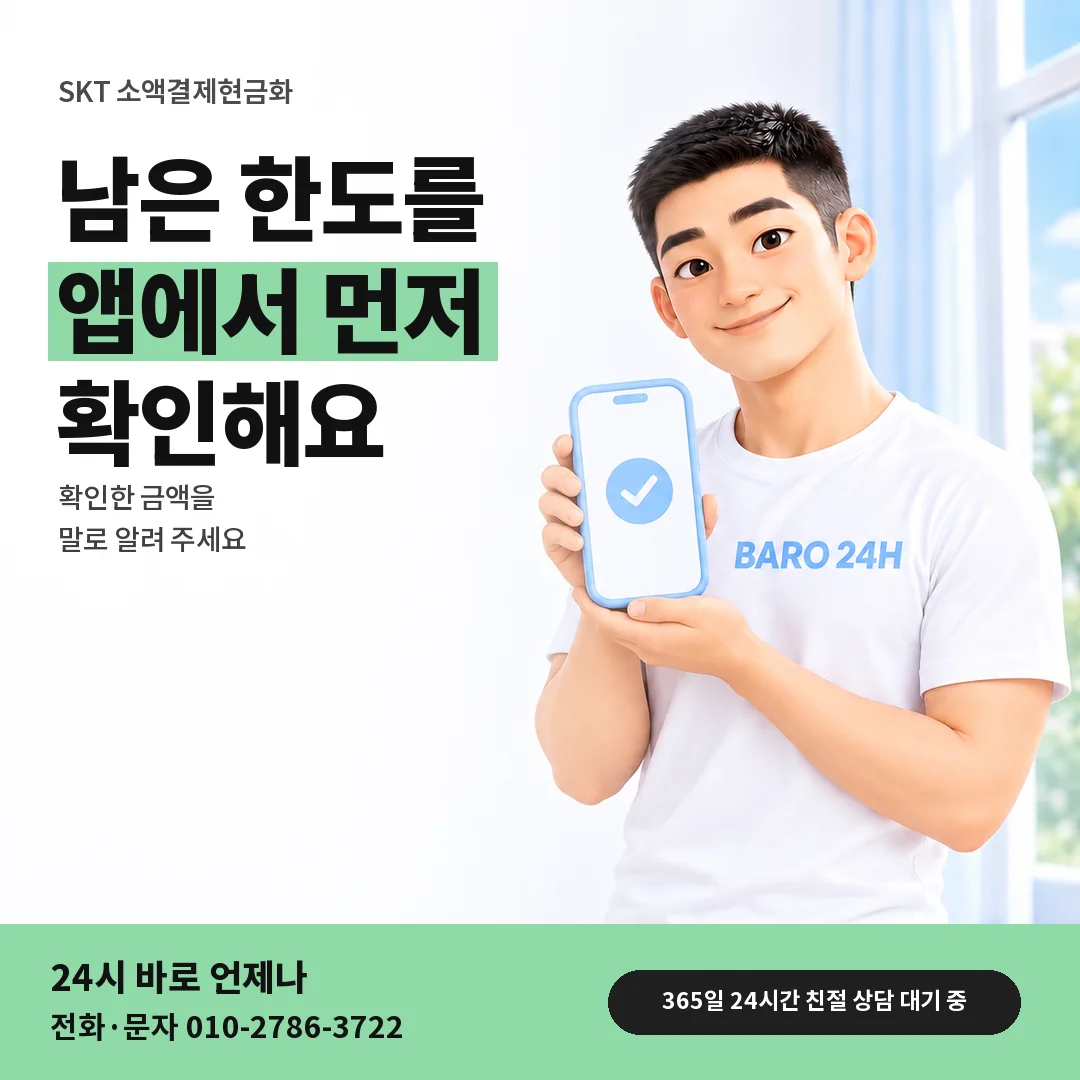 휴대폰을 든 BARO 24H 티셔츠를 입은 3D 인물 옆에 「SKT T world 남은 한도 확인」 제목을 얹은 안내 카드